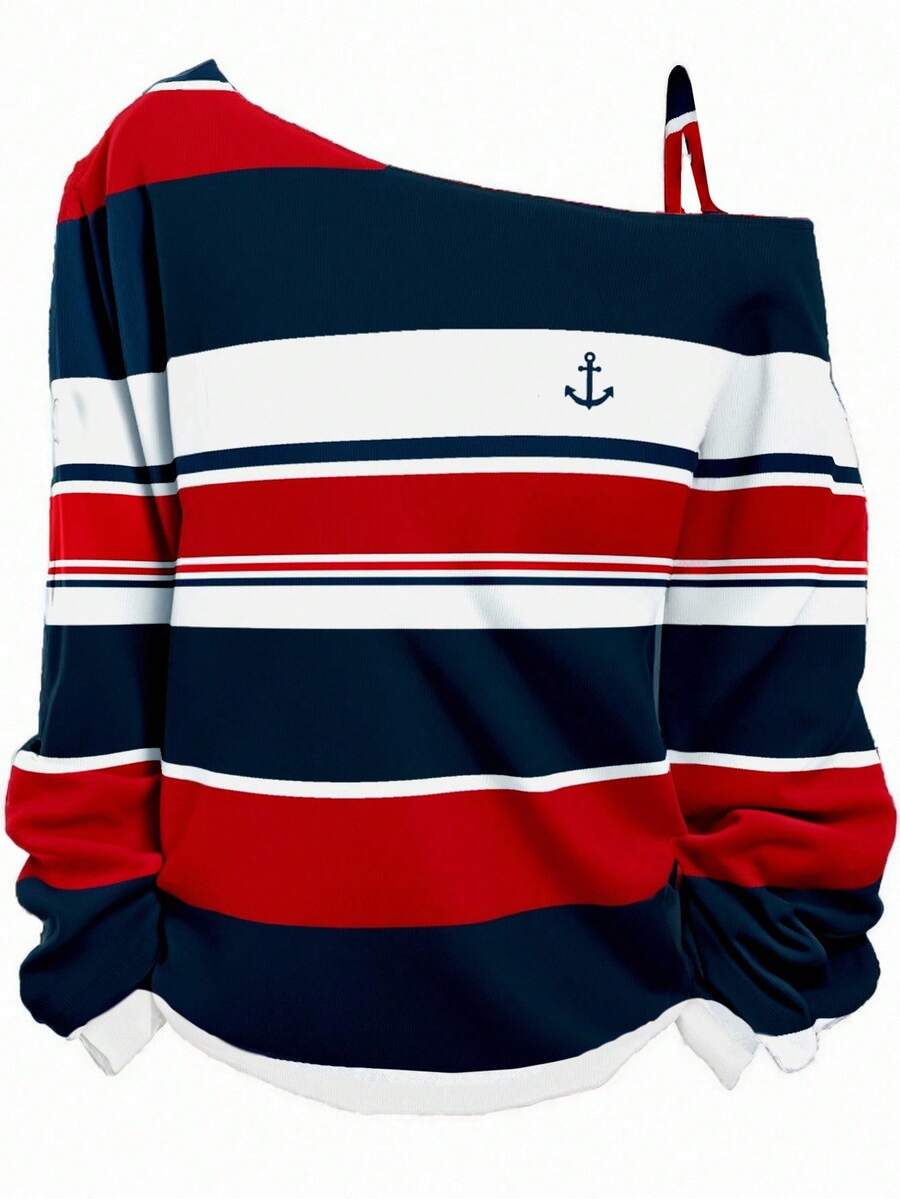 EMERY ROSE Women's Casual Colorblock Striped Nautical Logo Print Long Sleeve T-Shirt, Suitable For Teacher's Day And Back To School Season, ,Flower/Spring/Summer/Vacation - Multicolor - View 1