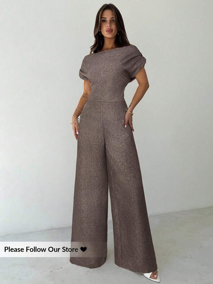 Firerie 夏季新款女士优雅休闲通勤白色落肩上衣和阔腿裤套装 - 棕色 - 查看 1