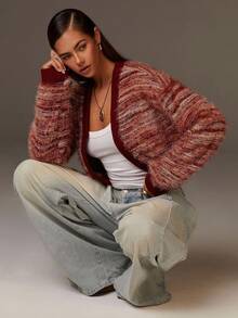 Athîral Women's Soft Plush Wine  Red Color-Block Striped Crochet Cardigan,  French Style, Vintage Style, Suitable For Commuting,Casual Everyday Wear,Autumn/Winter