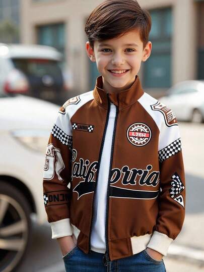 Playful Pals 男童棕色领子字母印花长袖夹克，适合秋冬季的休闲日常外套，百搭