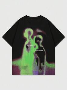 Street Life Vintage Street Silhouette Thermal Imaging Human Figure Print Short Sleeve T-Shirt, Summer - Black - View 1