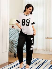 加大码不对称彩色正面和数字印花短袖白色上衣、字母印花裤睡衣套装 - 白色 - 查看 5