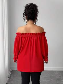 Elenzga 大码女式露肩中袖简约时尚衬衫，适合日常通勤，优雅时尚 - 紅色 - 查看 2