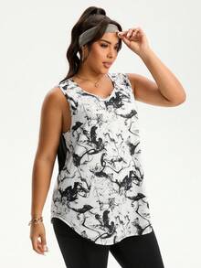 Rhythm Era Plus Size Women Summer Full Print Mesh Patchwork Loose Fit Sports Tank Top Plus Size Workout Top - Multicolor - View 5