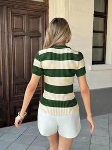 Pariaura 撞色条纹 Polo 领针织上衣，法式街头风格夏季短袖衬衫 - 綠色 - 查看 2