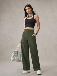 OutZeal 女士凉爽触感针织高腰侧袋直筒运动裤日常休闲秋季 - 軍綠色 - 查看 8