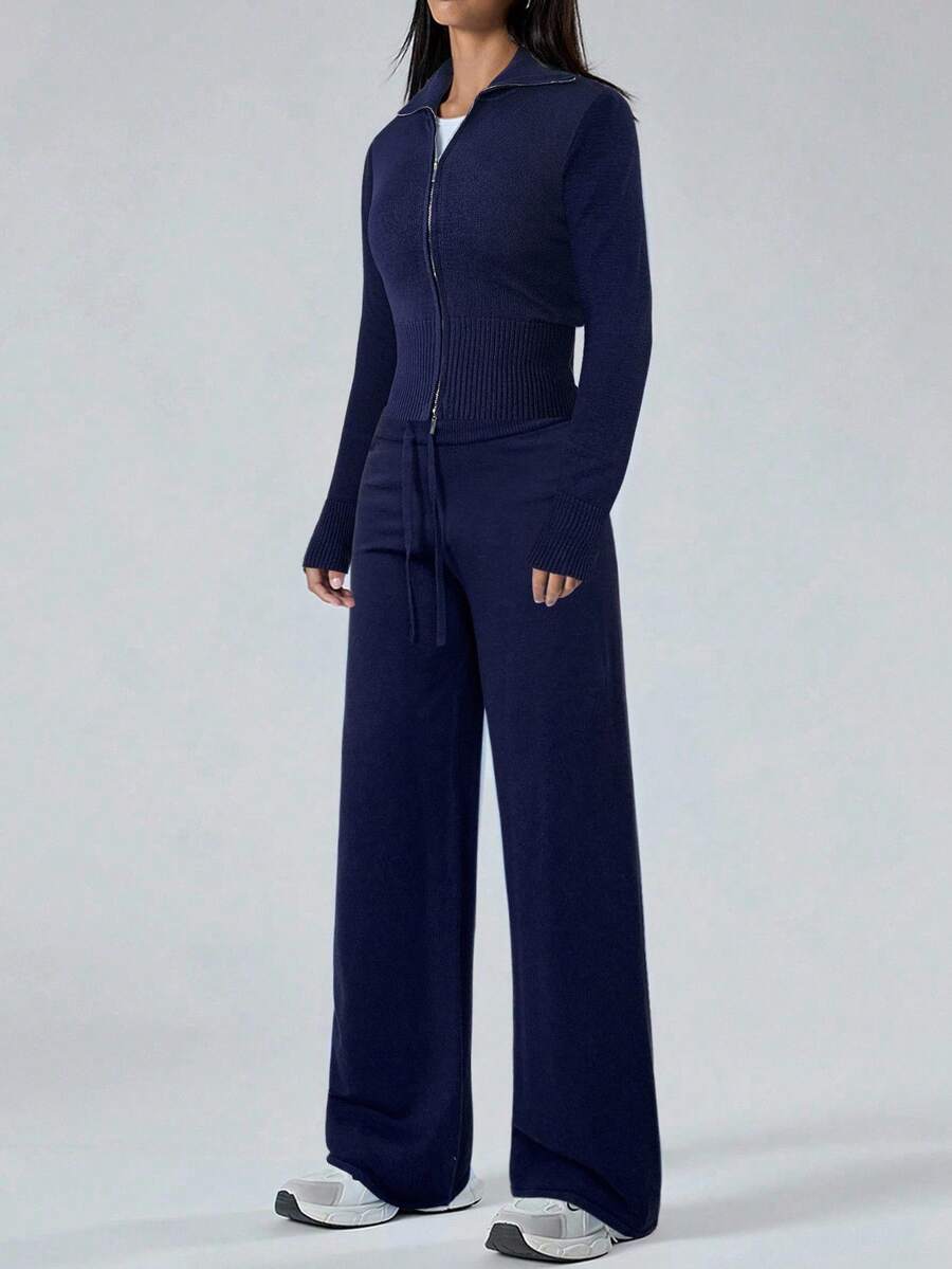 LYSMO 2 件套女士海军蓝拉链开衫和针织裤休闲套装、毛衣套装，秋冬 - 寶藍色 - 查看 1