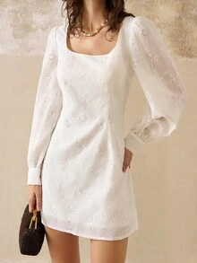 Cévolie 女式白色刺绣长袖迷你连衣裙
