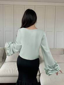 Feyla Damen Bluse mit einfarbiger Rüschensaum Weitung Ärmel, elegante Bluse