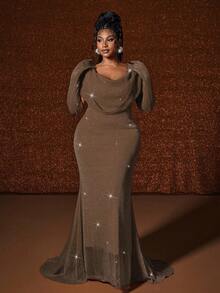 Maweii Plus Size Sexy Cinched Waist Gold Foil Fish Tail Hem Dress - Brown - View 7