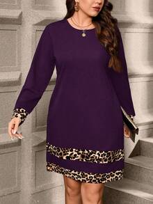 SHEIN Clasi Gaun Kasual Pendek Lengan Panjang Motif Leopard Ukuran Besar untuk Musim Gugur - Purple - View 5