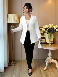 Elenzga 大码女式V领纯色商务休闲西装外套 - 白色 - 查看 8