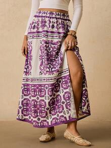 Travachic Chân váy chữ A cạp chun in họa tiết màu tím cỡ lớn có xẻ tà bên hông, dáng rộng cho nữ - Màu tím - Xem 2