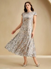 Anewsta Váy ngắn tay sequin lưới họa tiết hoa thanh lịch màu sâm panh, thích hợp mặc dự tiệc, hẹn hò, đi nghỉ dưỡng, trang phục xuân/hè - Bạc - Xem 6