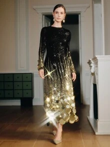 Anewsta 女士优雅圣诞节和万圣节服装，时尚经典优雅亮片渐变奢华金色亮片高端迷人晚礼服