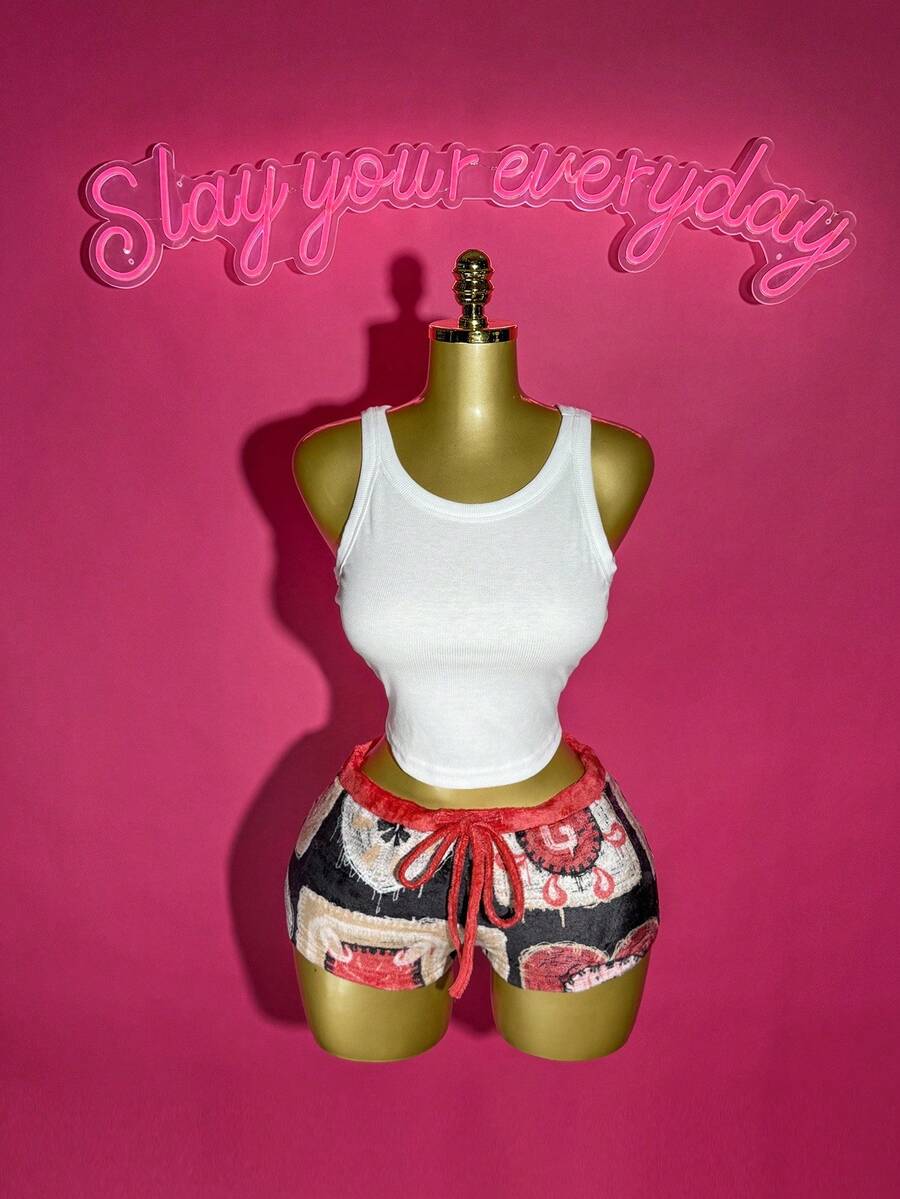 Slaydiva Women's White Summer Streetwear Lounge Two Piece Set, Crop Racerback Tank Top & Red Geometric Print Fuzzy Low-Rise Bodycon Shorts,Bohemian Outfit - Red - View 1