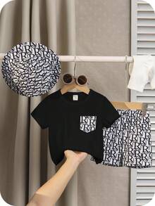 SHEIN 3pcs/Set Baby Boy Summer Knitted T-Shirt, Shorts And Hat Outfit - Multicolor - View 1