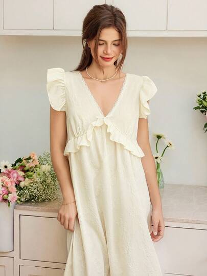 Snug Reverie 浪漫荷叶边拼花V领3D花卉提花长睡袍