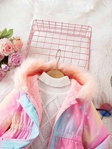 SHEIN Chaqueta con capucha forrada térmicamente con patrón de unicornio de dibujos animados lindo para bebé niña, adecuada para exteriores, parque de atracciones, otoño/invierno - Multicolor - Ver 7
