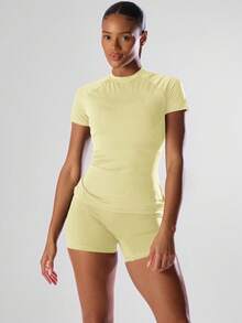 Musera Sport Solid Color Short Sleeve Sports Tee Running Short Active Comfy Workout Gym Running Run Club, Padel, Tennis, Pickleball Gym Summer - Yellow - View 5
