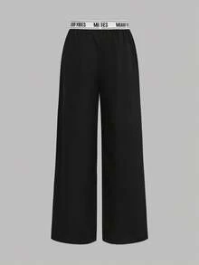 Girlism 2 件套青少年女孩高腰豹纹印花和纯黑色阔腿裤套装，基本休闲