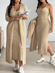 Easura Robe-pull long en tricot torsadé pour femmes grandes tailles, automne/hiver. Cardigan-pull à manches longues, décontracté chic. Convient pour la sortie, les vacances, les fêtes - Kaki - Voir 14