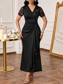 SHEIN Lady 女士纯色V领交叉裹身网眼拼接优雅长袖连衣裙 - 黑色 - 查看 4