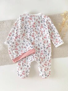 新生儿柔软舒适薄款连体衣，男婴/女婴可爱兔子、狐狸、花卉全身印花、正面蝴蝶结装饰、长袖连脚连体衣（带帽子），2 件套，婴儿爬行服和家居服 - 粉色 - 查看 2