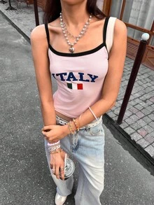 INAWLY 女士字母國旗印花色塊夏季背心上衣，對比色飾邊設計 - 粉色 - 查看 2