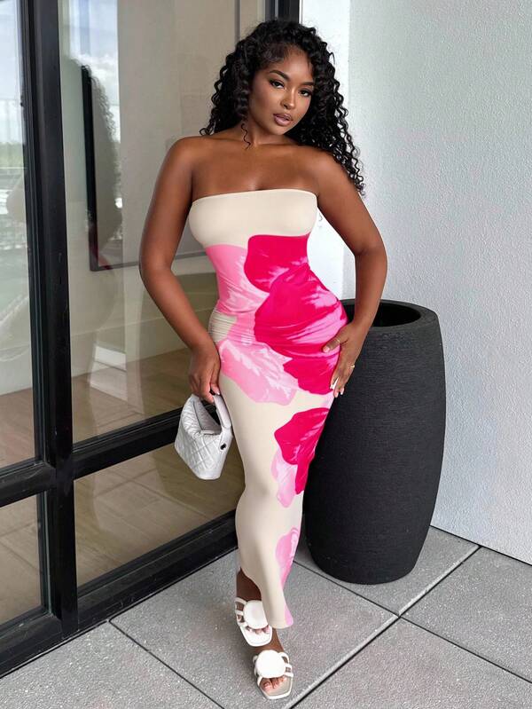 Alexandranx Women's Fitted Strapless Color Blocking Floral Print Elegant Fashion Dress Maxi Women Outfit