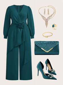 SHEIN Ellevyn Plus Size Chiffon Long Sleeve 2 Pieces Set, Autumn/Winter - Teal Blue - View 7