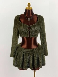 Amplova Plus Size Minimalist Solid Color Fluffy Cardigan And Mini Skirt Set - Army Green - View 3