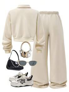 SHEIN 2 件套女士套装，新款秋冬，杏色立领拉链连帽衫，配套罗纹袖口长袖运动裤，MEW YORK REOOKLYN 字母印花，舒适休闲，母女搭配