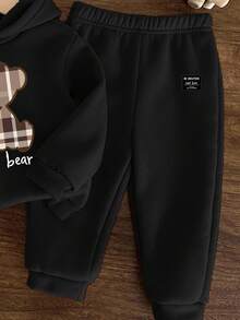 SHEIN Baby Boy Casual Minimalist Cartoon Bear Pattern Knitted Soft Loose Hoodie Sweatshirt Set, Suitable For Autumn/Winter Fall - Black - View 5