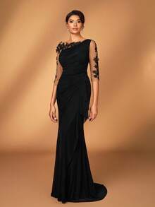 Serin 优雅奢华刺绣蕾丝透明长袖弹力针织网眼褶饰荷叶边美人鱼下摆连衣裙，适合婚礼、派对、度假、庆典、新娘送礼会