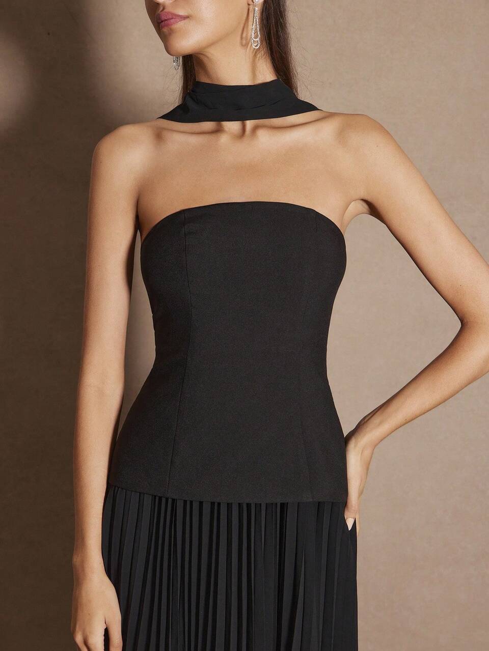 Enchnt Women's Black Summer Elegant Dining Tube Maxi Dress, Pleated Hem With Neck Ribbon,Sweet Wedding Guest & Holiday Autumn Fall Dresses For Women