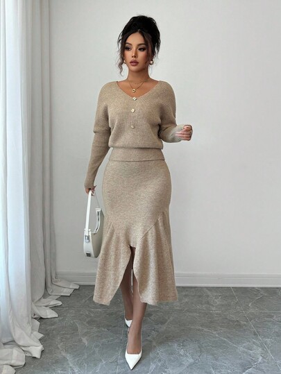 Elenzga Women's Solid Color Elegant Batwing Sleeve Sweater And Asymmetric Hem Knitted Midi Skirt 2 Pieces Set