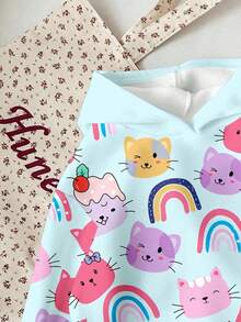 SHEIN Happikins Kitty, Cartoon, Blue And Pink, Rainbow, Young Girls Casual Loose Fit Comfortable Hooded Long Sleeve Knit Sweatshirt, Suitable For Autumn/Winter Cute Sweatshirt Cute Tops Girls Cat Clothes Cute Hoodies Girls Cartoon Jackets Fall - Multicolor - View 3
