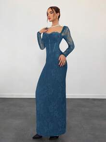 Aloruh Đầm maxi ôm sát bodycon tay dài ren chữ S gợi cảm cho nữ, cổ vuông, màu đen, dự tiệc, hẹn hò, thu/đông - Màu xanh ngọc - Xem 4