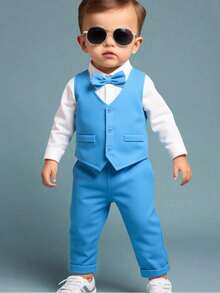 SHEIN Baby Boy Solid Color Vest And Pants Gentleman Suit Set - Blue - View 4