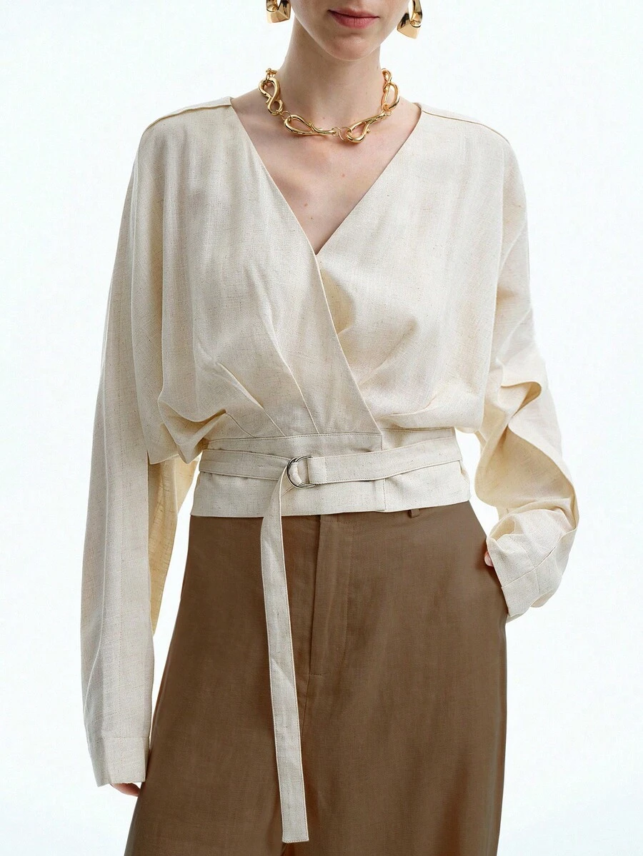 SHEIN Stylify 女士亚麻优雅办公室通勤度假休闲 V 领落肩袖衬衫，配有可调节腰带，长袖衬衫 - 杏色 - 查看 1