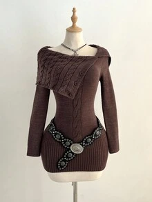 Elamini Women's Retro Casual Off Shoulder Twist Cable Pattern Fitted Knit Dress Fall Winter Cloth For Women - Brown - View 4