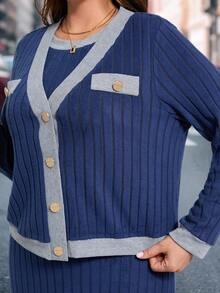 SHEIN Clasi Bộ đồ 2 món chắp vá màu tương phản cỡ lớn dành cho nữ, Bộ áo khoác + váy 2 món, Bộ đồ 2 món thanh lịch, Bộ đồ 2 món màu xanh navy, Bộ đồ 2 món khóa kim loại - Màu xanh hải quân - Xem 6