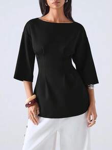LYSMO 2025 Autumn New Arrival Black Solid Color Round Neck Drop Shoulder Sleeve Cinched Waist Casual Mid-Sleeve T-Shirt. Made Of High Grammage Textured Fabric, Simple And Casual, Suitable For Work And Daily Wear. Black Boat Neck Top Women Black Top Business Casual Top 3/4 Sleeve Top Boat Neck Work Top,Black Tops - Black - View 5