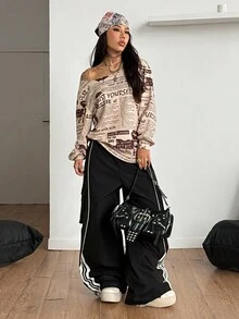 Coolane 女士标语印花斜肩长袖宽松休闲时尚T恤 - 卡其色 - 查看 5