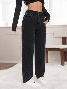 SHEIN PETITE Autumn/Winter Women's Casual Commuting Simple Solid Color High Waist Fleece Lined Skinny Jeans