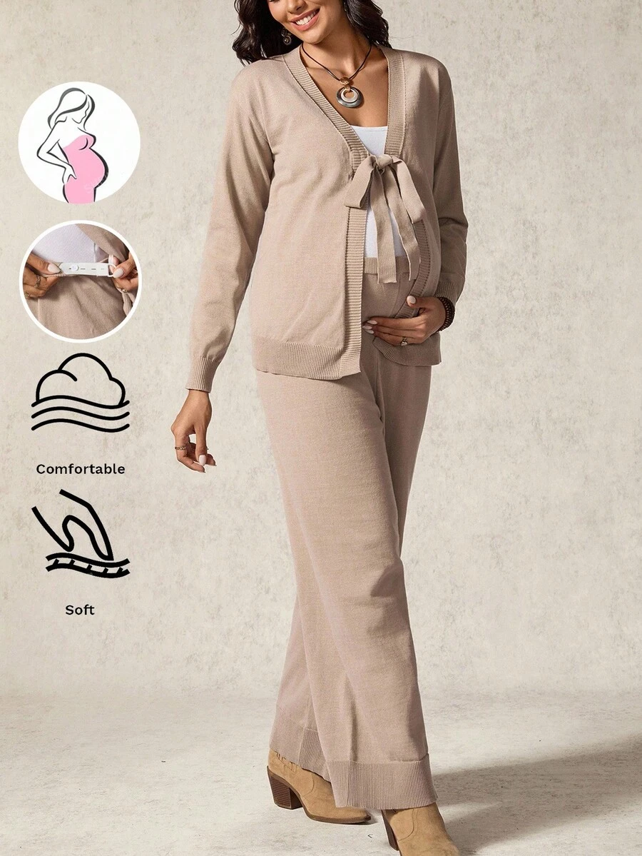 Boho Mama Maternity Solid Color Long Sleeve Knotted Front Cardigan And Knit Pants Casual Suit - Brown - View 1