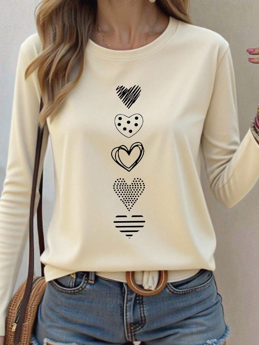EMERY ROSE Heart Pattern T-Shirt, Women's Casual Round Neck Long Sleeve Top, Suitable For Spring And Autumn, Love Gift - Apricot - View 1