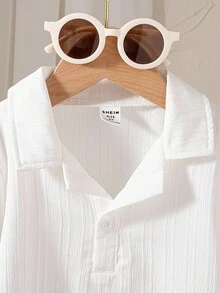 SHEIN Casuvi Kids 年轻男孩休闲纯色纹理短袖 Polo 衫 - 白色 - 查看 8