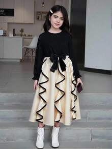 Tween Girls Color Block Long Sleeve Bow Decor Elegant Dress - Black and White - View 7